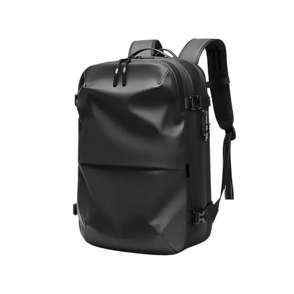 Vacuum Compression Backpack in Black, three-quarter view